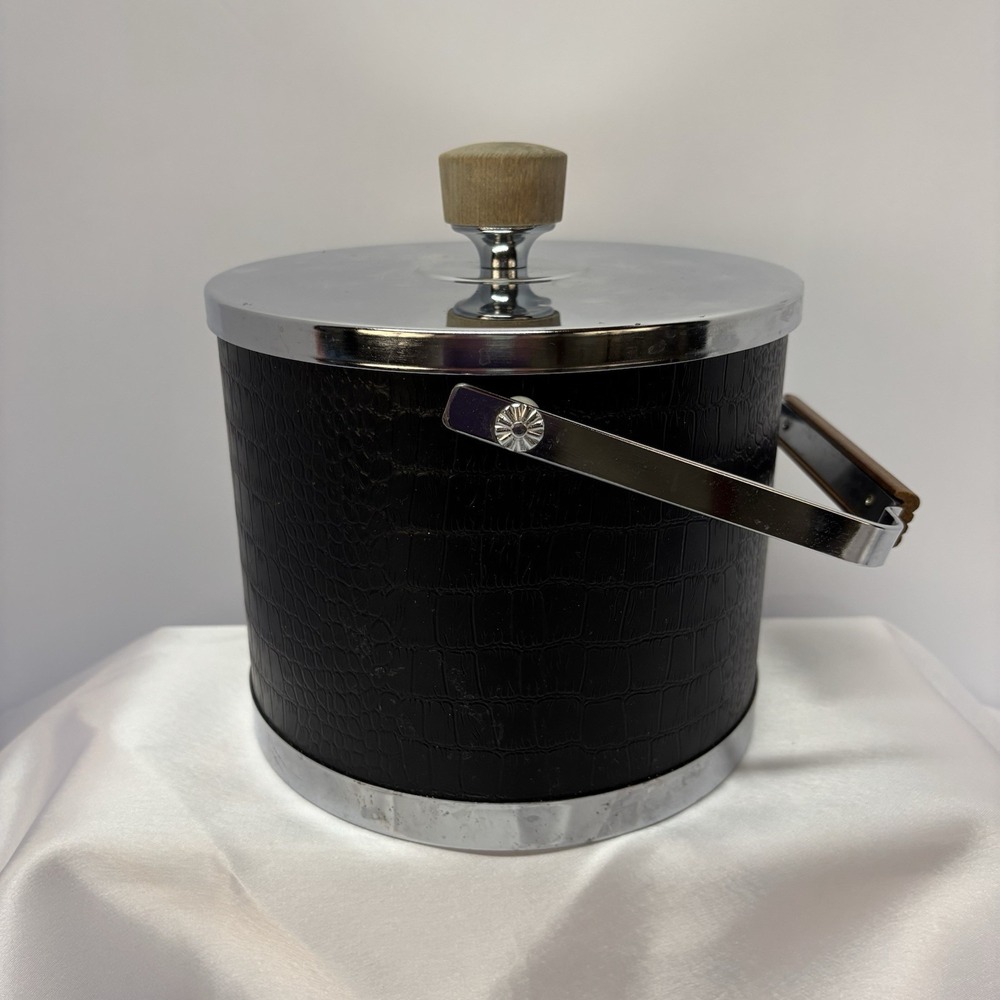 Atapco Ice Bucket Alligator Faux Black Leather Chrome Lid Wooden handle‎ Vintage